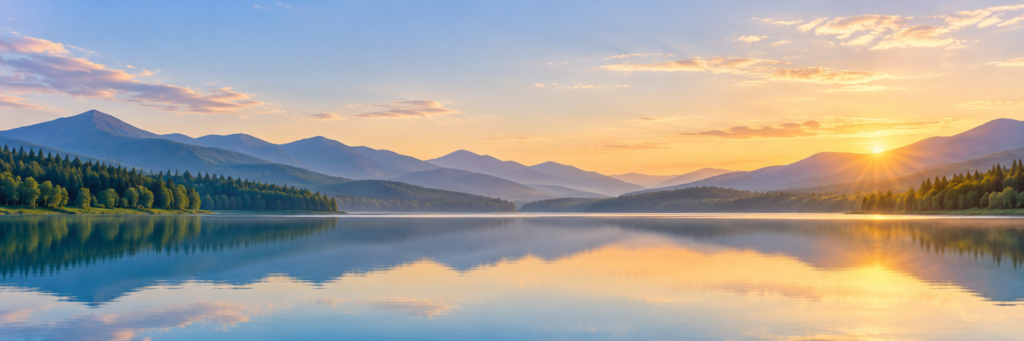 Mountain lake reflecting a sunrise, with mountains in the distance